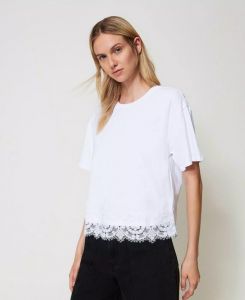 Twinset t-shirt cropped con pizzo macramè