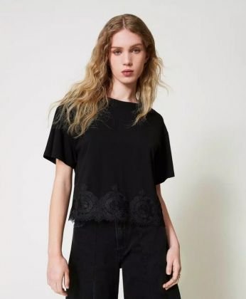 Twinset t-shirt cropped con pizzo macramè